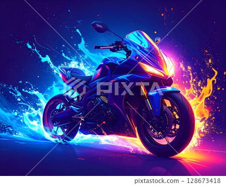 Futuristic Neon Motorcycle Close-Up. Abstract Concept Art Illustration 128673418