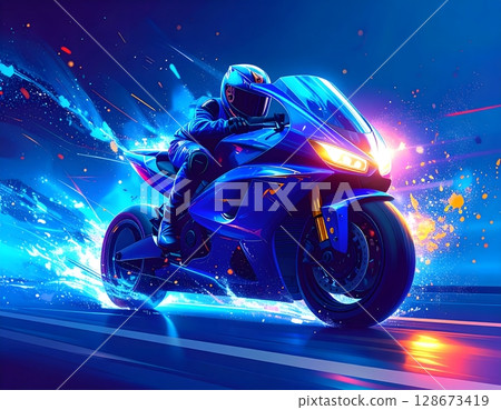 Futuristic Neon Motorcycle Close-Up. Abstract Concept Art Illustration (1) 128673419