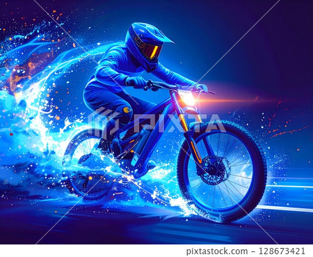Futuristic Neon Mountain Bike Close-Up. Abstract Extreme Sports Illustration 128673421