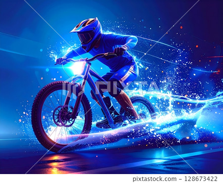 Futuristic Neon Mountain Bike Close-Up. Abstract Extreme Sports Illustration Futuristic Neon Mountain Bike Close-Up. Abstract Extreme Sports Illustration 128673422