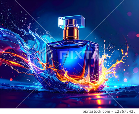 Futuristic Neon Perfume Bottle Close-Up. Abstract Luxury Illustration Futuristic Neon Perfume Bottle Close-Up. Abstract Luxury Illustration 128673423