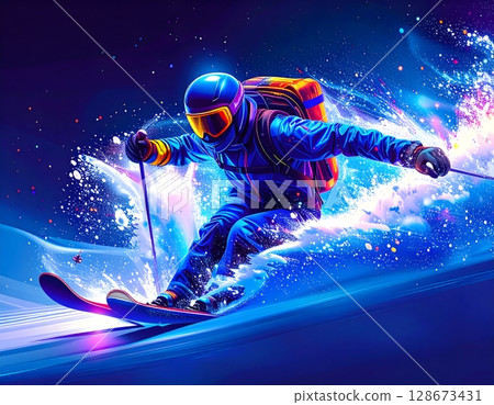 Futuristic Neon Skier Illustration. Abstract Winter Sports Concept 128673431