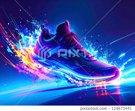 Futuristic Neon Sneakers Close-Up. Abstract Fashion Concept Illustration Futuristic Neon Sneakers Close-Up. Abstract Fashion Concept Illustration 128673441