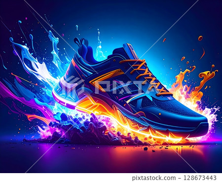 Futuristic Neon Sneakers Close-Up. Abstract Fashion Concept Illustration Futuristic Neon Sneakers Close-Up. Abstract Fashion Concept Illustration 128673443
