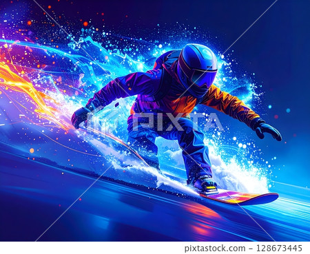 Futuristic Neon Snowboarder Illustration. Abstract Winter Sports Concept Futuristic Neon Snowboarder Illustration. Abstract Winter Sports Concept 128673445
