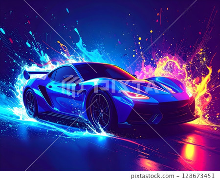 Futuristic Neon Sports Car Close-Up. Abstract Automotive Concept Illustration Futuristic Neon Sports Car Close-Up. Abstract Automotive Concept Illustration 128673451