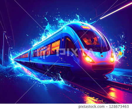 Futuristic Neon Train Close-Up. Abstract Transportation Concept Illustration Futuristic Neon Train Close-Up. Abstract Transportation Concept Illustration 128673463