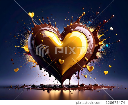 Glossy Chocolate Heart with Delicate Swirls on Elegant Background Glossy Chocolate Heart with Delicate Swirls on Elegant Background 128673474