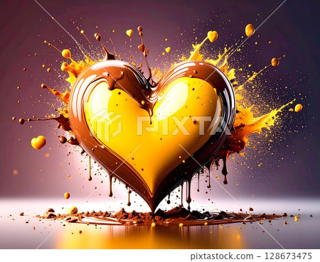 Glossy Chocolate Heart with Delicate Swirls on Elegant Background Glossy Chocolate Heart with Delicate Swirls on Elegant Background 128673475