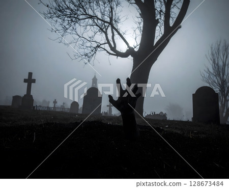 Haunted Cemetery with Hands Rising Scene 128673484