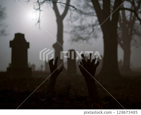 Haunted Cemetery with Hands Rising Scene 128673485