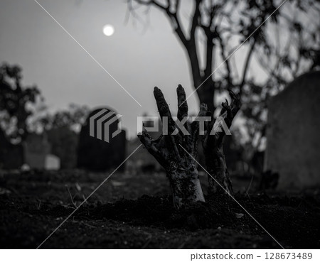 Haunted Cemetery with Hands Rising Scene 128673489