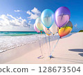Iridescent Balloons on Tropical Beach Scene 128673504