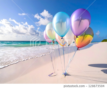 Iridescent Balloons on Tropical Beach Scene Iridescent Balloons on Tropical Beach Scene 128673504