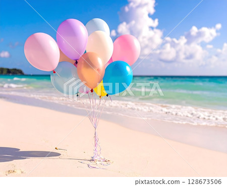Iridescent Balloons on Tropical Beach Scene Iridescent Balloons on Tropical Beach Scene 128673506