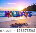 Iridescent Holidays Balloons on Tropical Beach 128673508