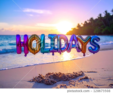 Iridescent Holidays Balloons on Tropical Beach 128673508