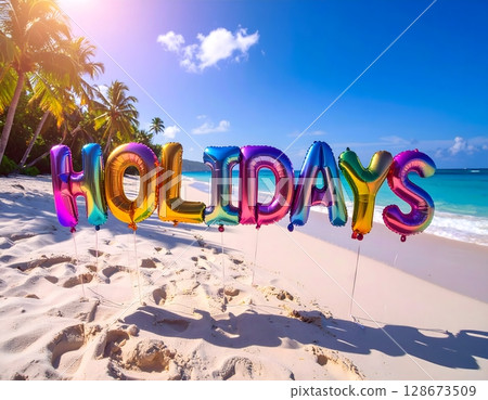 Iridescent Holidays Balloons on Tropical Beach 128673509