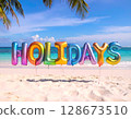 Iridescent Holidays Balloons on Tropical Beach 128673510