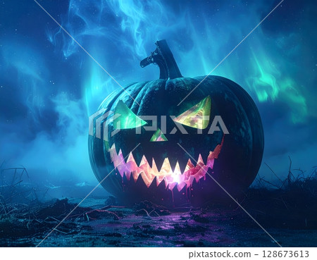 Sinister Pumpkin Grin Close-Up Scene Sinister Pumpkin Grin Close-Up Scene 128673613