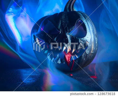 Sinister Pumpkin Grin Close-Up Scene 128673618