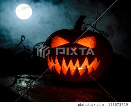 Sinister Pumpkin Grin Close-Up Scene 128673729