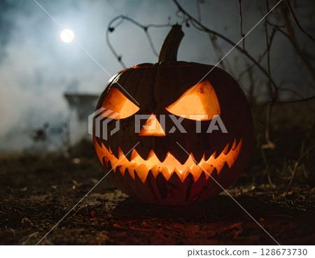 Sinister Pumpkin Grin Close-Up Scene Sinister Pumpkin Grin Close-Up Scene 128673730