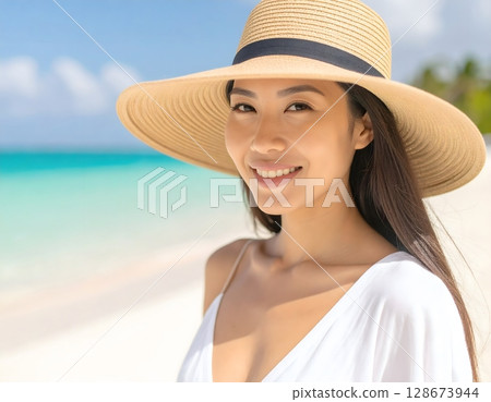Beautiful Woman on Tropical Beach 128673944