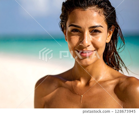 Beautiful Woman on Tropical Beach 128673945