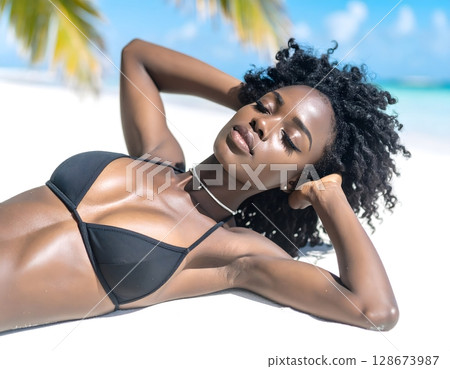 Beautiful Woman on Tropical Beach 128673987