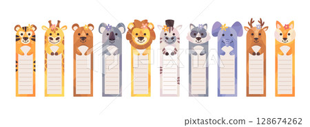 Cute wild animals bookmark kawaii paper sticker dividers for books cartoon childish design elements 128674262