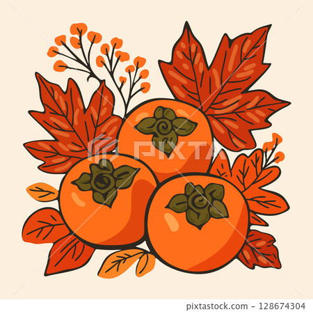 Persimmon and autumn leaves. Autumn floral composition. Vector isolated illustration Persimmon and autumn leaves. Autumn floral composition. Vector isolated illustration 128674304