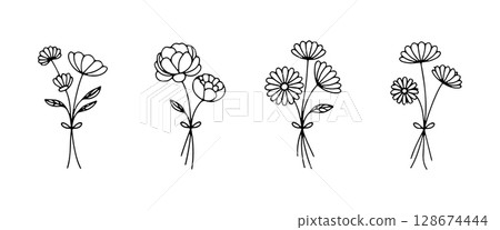 Minimal flower bouquet. Minimal flower bouquet in line art style with blooming petals and light botanical elements. 128674444