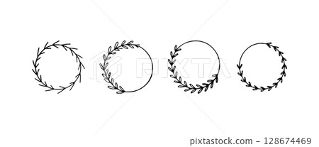 Botanical Circle Frame. Botanical Circle Frame with hand-drawn foliage and flowers forming a refined and nature-inspired decorative border. 128674469