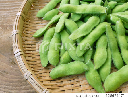 A summer vegetable in season! A photo of edamame beans harvested in a bamboo colander in a home garden A summer vegetable in season! A photo of edamame beans harvested in a bamboo colander in a home garden 128674471