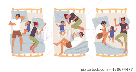 Happy family sleeping together with their baby lying on bed in different pose isolated set on white 128674477