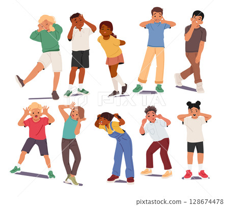 Funny grimacing children cartoon characters with taunting facial expression laughing, fooling around Funny grimacing children cartoon characters with taunting facial expression laughing, fooling around 128674478
