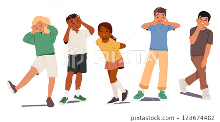 Cute girl and boy children cartoon characters grimacing face gesturing joyfully fooling around set 128674482