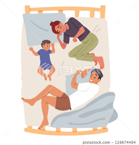 Cute couple sleeping with baby child in bed feeling relaxed and peaceful enjoying domestic life 128674484