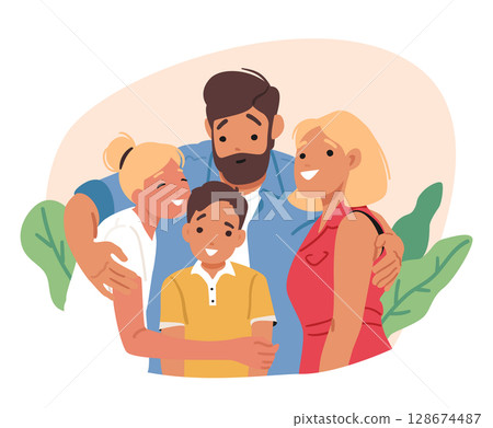 Happy family hugging together representing basic human needs in self-realization cartoon scene Happy family hugging together representing basic human needs in self-realization cartoon scene 128674487