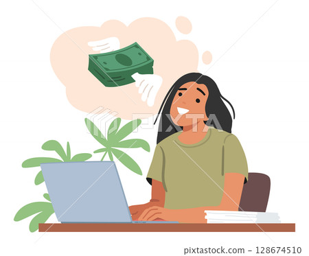 Woman working online using laptop computer dreaming for easy earning money and financial growth Woman working online using laptop computer dreaming for easy earning money and financial growth 128674510