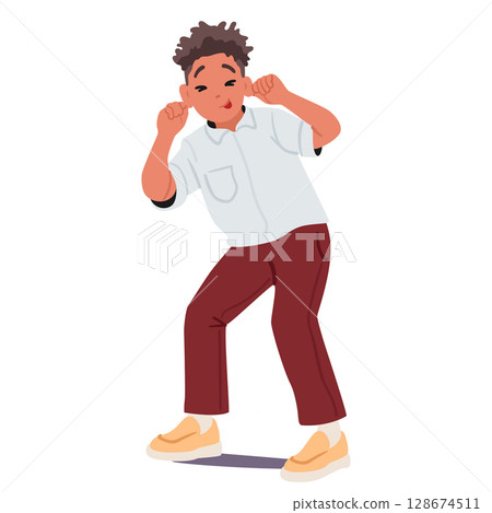 Funky grimacing boy child cartoon character feeling crazy and joyous isolated on white background 128674511