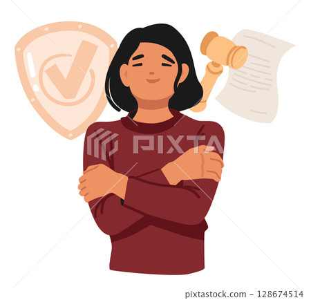 Young smiling woman cartoon character feeling safe and protected under law vector illustration 128674514