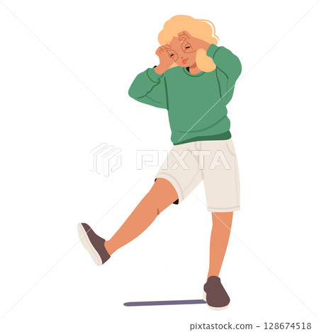 Funny girl child cartoon character grimacing looking through imaginary eyeglasses isolated on white Funny girl child cartoon character grimacing looking through imaginary eyeglasses isolated on white 128674518