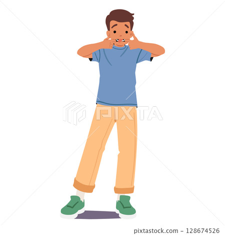 Cute grimacing boy child cartoon character mocking showing tongue feeling playful and mischievous 128674526