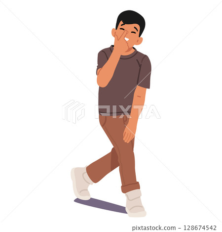 Funny comic boy child cartoon character grimacing touching nose with finger isolated on white Funny comic boy child cartoon character grimacing touching nose with finger isolated on white 128674542