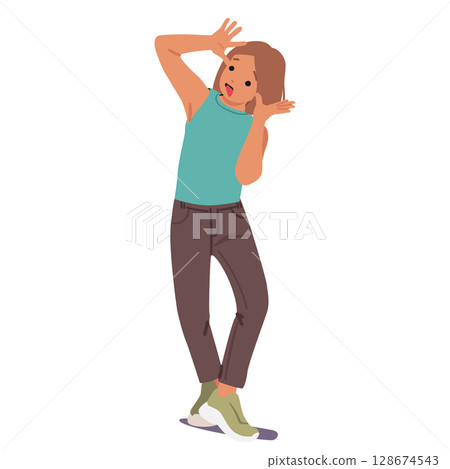 Trendy fashion preteen girl child cartoon character grimacing face feeling carefree and joyful 128674543
