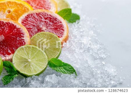 Citrus slices with ice and mint sprigs. Ideal for cool drinks or fresh decor ideas. Colorful pieces enhance summer vibe. 128674623