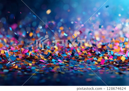 Multicolored confetti on blue backdrop. Great for holiday posters or joyful layouts, this cheerful scene inspires. 128674624