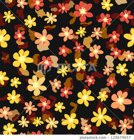 Leopard print with flowers and palm leaves. Leopard print with flowers and palm leaves. 128674657